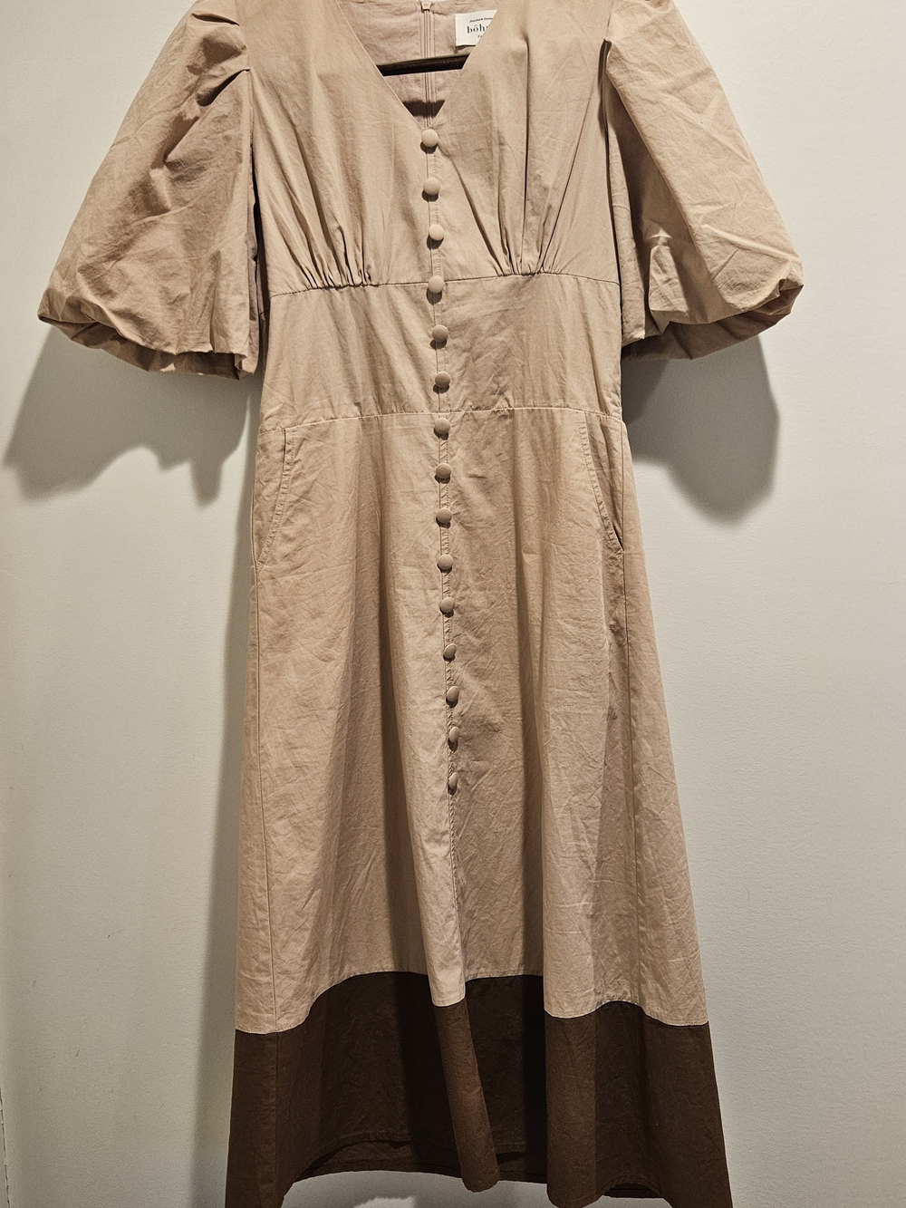 Bohme Taupe Puff-Sleeve Button-Front Midi Dress